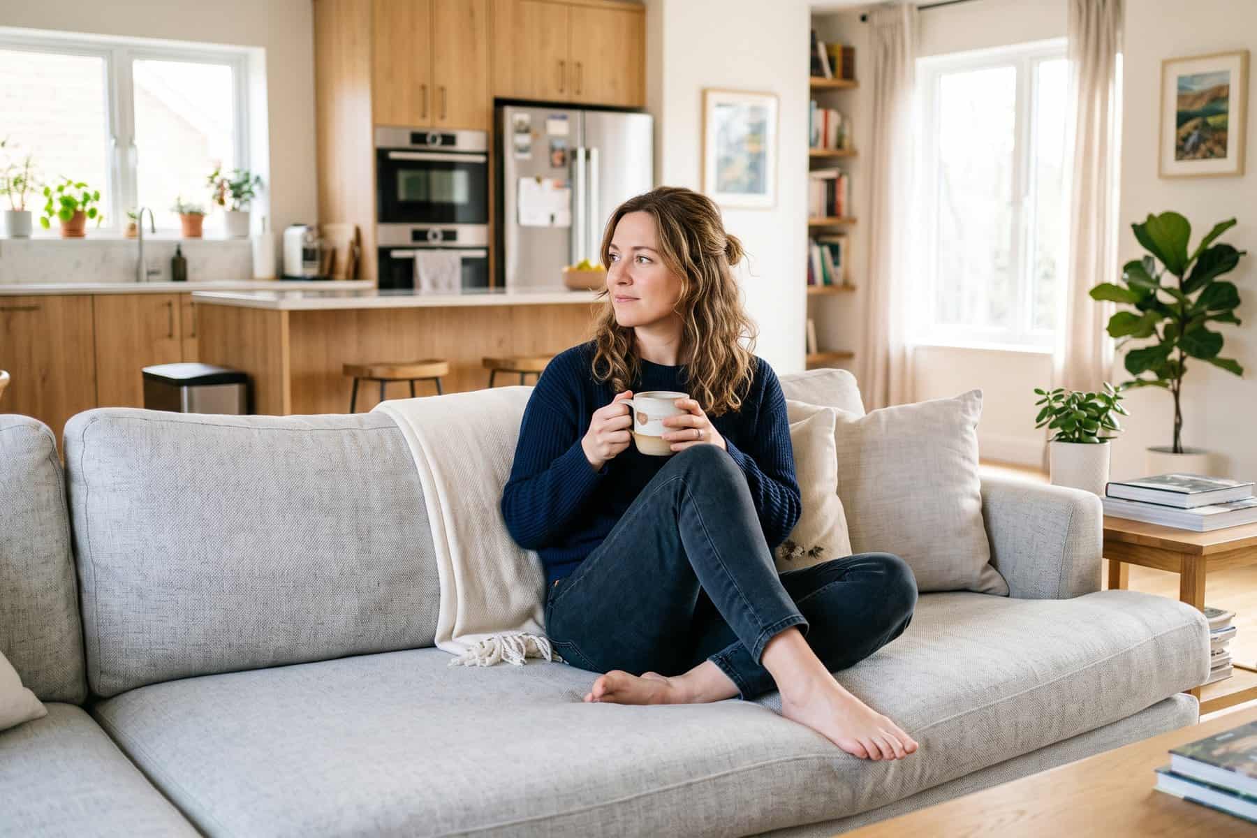 Woman relaxing on her couch at home, ready for an at-home hypnotherapy session