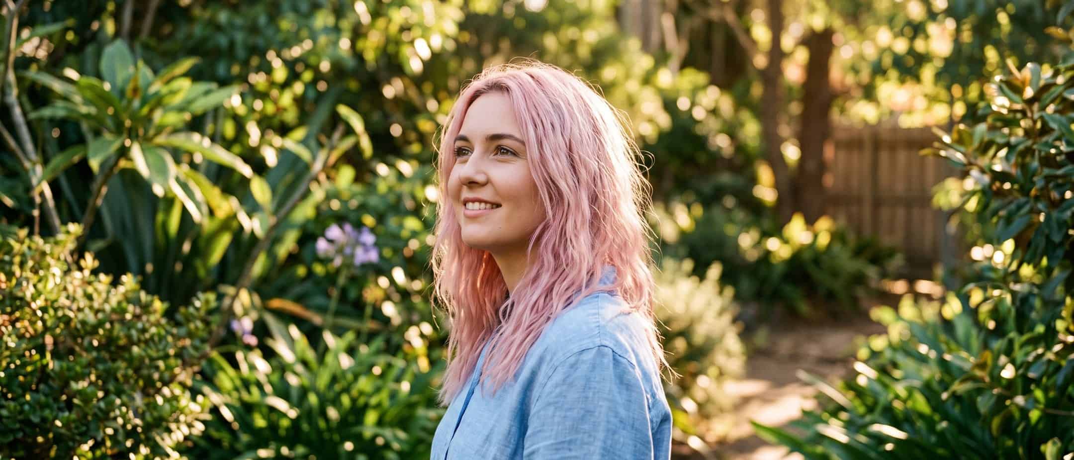 Woman smiling in a garden, feeling brighter after hypnotherapy for depression