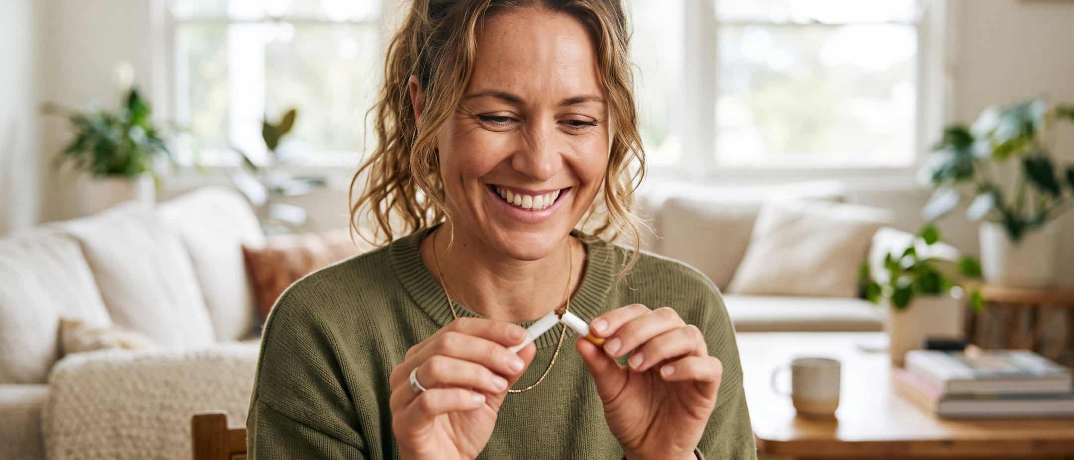 Smiling woman breaking a cigarette in half after quit smoking hypnotherapy